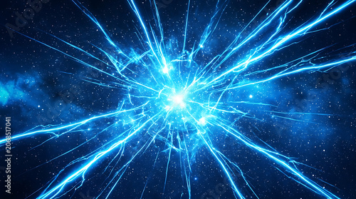 Explosion of blue light creating a web of energy, abstract background of light bursts and cosmic nebula