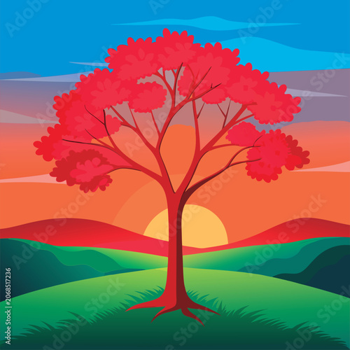 Colorful sunset tree on a hill.