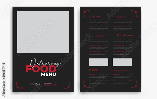 Restaurant menu with food items and prices on a black background, Dark theme restaurant menu card
