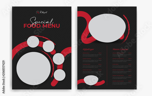 Restaurant menu with food items and prices on a black background, Dark theme restaurant menu card