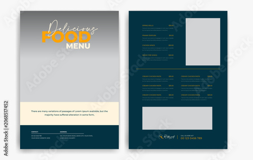 Restaurant menu with food items and prices on a black background, Dark theme restaurant menu card