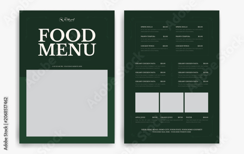 Restaurant menu with food items and prices on a black background, Dark theme restaurant menu card