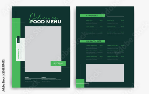 Restaurant menu with food items and prices on a black background, Dark theme restaurant menu card