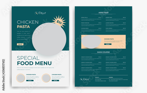 Restaurant menu with food items and prices on a black background, Dark theme restaurant menu card