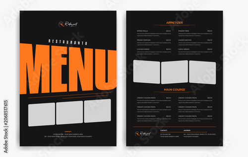 Restaurant menu with food items and prices on a black background, Dark theme restaurant menu card