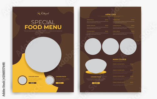 Restaurant menu with food items and prices on a black background, Dark theme restaurant menu card