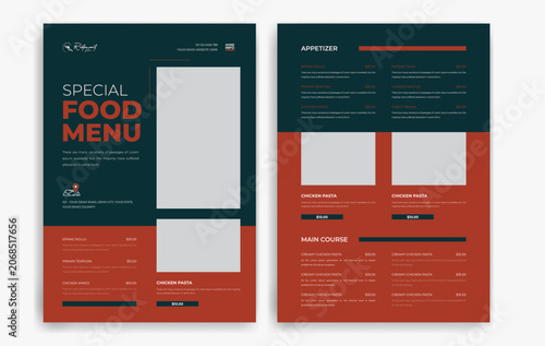 Restaurant menu with food items and prices on a black background, Dark theme restaurant menu card
