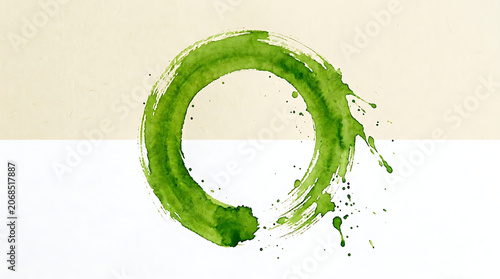 A vibrant green brushstroke circle, symbolizing Zen and mindfulness, on a clean, dual-toned background