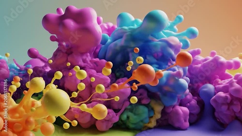 Abstract 3D landscape with colorful spheres and fluid shapes