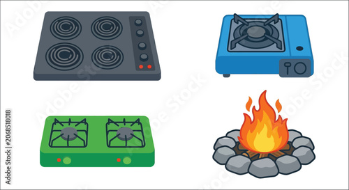 Fotografie Electric and gas stovetops with campfire illustration colorful vector graphic de