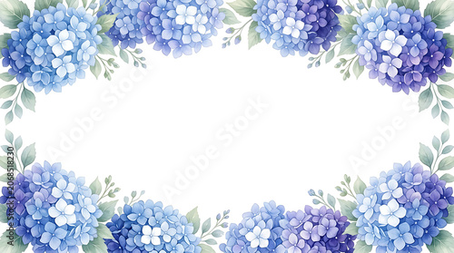 Beautiful Watercolor Hydrangea Floral Border with Lush Green Leaves
