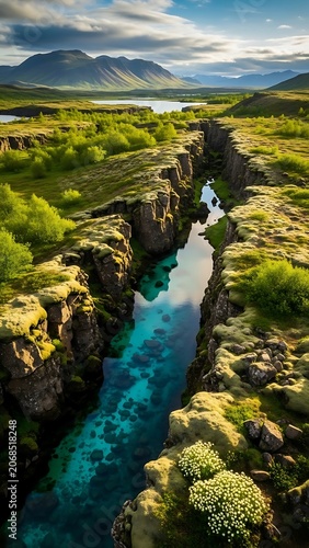 Stunning Iceland landscape with crystal clear water flowing through a rift valley.