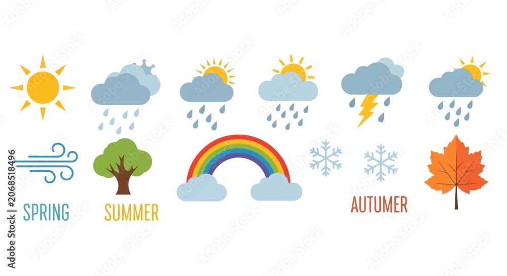 Naklejka premium Weather icons and seasonal symbols for children