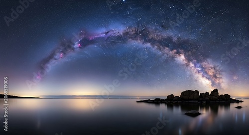 Stunning Milky Way Arch Over Calm Water and Rocky Island Under Starry Night Sky.
