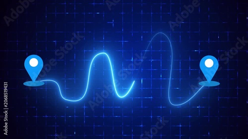 4K Animated Neon Journey Roadmap with Location Pins and Dotted Route on a grid background. Neon journey roadmap for Digital Advertising, Online shops, Buying process, and Business Marketing.
