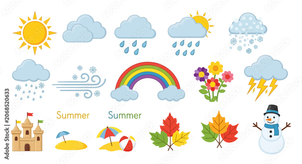 Naklejka premium Weather conditions and four seasons weather icon collection