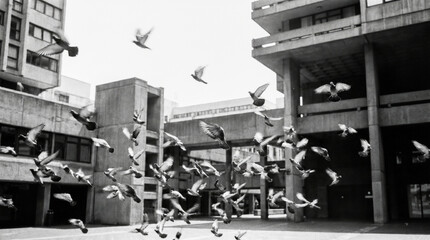 Flock of wild pigeons taking flight across brutalist concrete building courtyard captured in high contrast black and white displaying dynamic avian wing motion