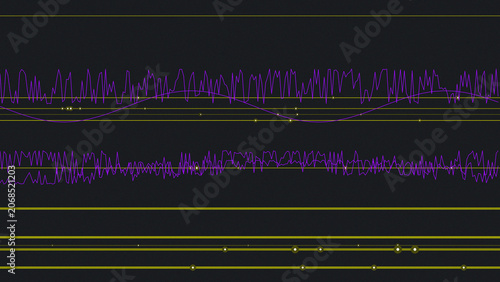 Abstract Technology Dashboard with Dynamic Purple Data Graphs and Yellow Indicators