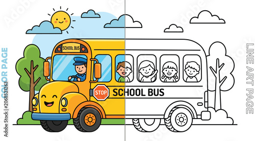 Obraz na plátne School bus illustration with children and a smiling sun line art style