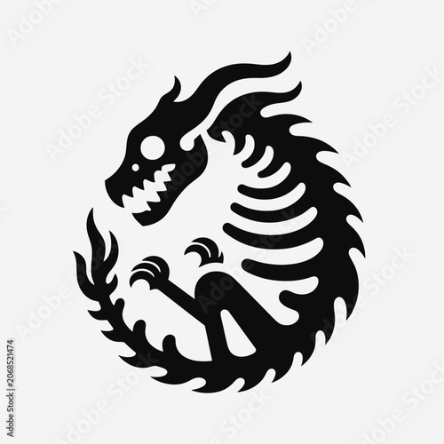A stylized black silhouette of a skeletal dragon curled into a circular shape, featuring visible ribs, sharp teeth, and claws on a white background.