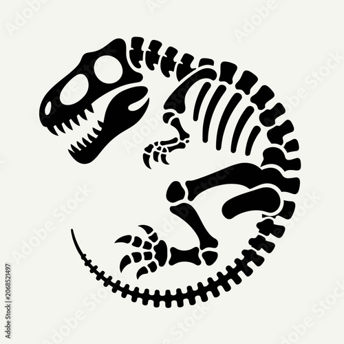 A black silhouette of a dinosaur skeleton curled into a circular shape, depicting a prehistoric creature's fossilized remains on a light background.