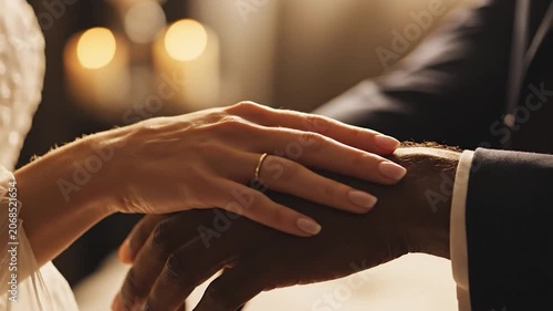 Bride hand with a gold ring rests on her groom hand