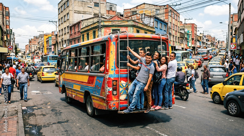 Young male passengers hanging dangerously outside crowded colorful public transportation bus driving through busy historic city streets during bright sunny summer day