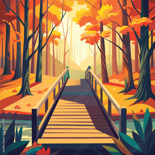 Autumnal wooden bridge through the forest.