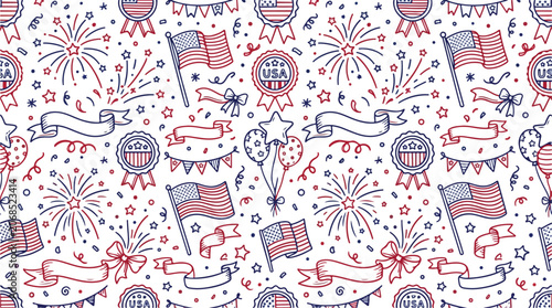 Foto Patriotic american independence day doodle pattern with flags