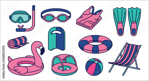 Fotografija Assortment Of Beach And Swimming Equipment Colorful Vector Illustration On White