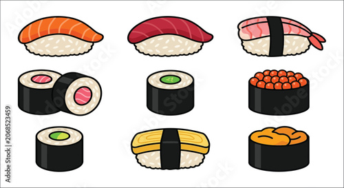 Schilderij op canvas Assorted sushi rolls and nigiri vector illustration with white backgrounds and c