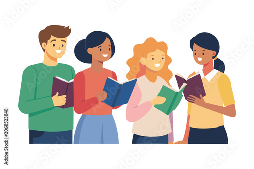  Young Adults Literary Discussion Vector Illustration