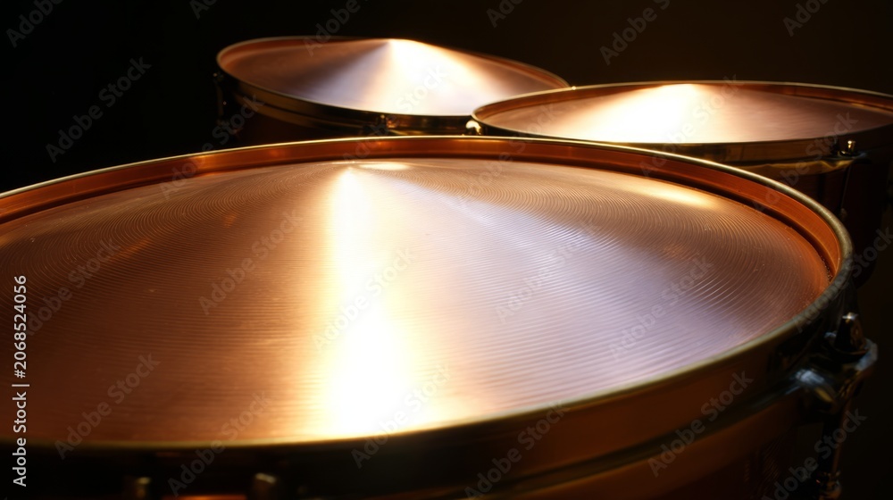 Fototapeta premium kettledrums. A pair of polished copper kettledrums with taut drumheads gleaming under focused stage lighting. product launch decks. 