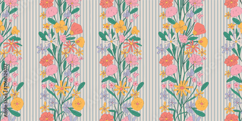Elegant seamless pattern design featuring colorful wildflowers and botanical elements on a striped pastel background