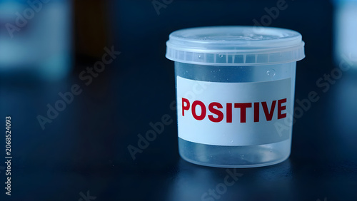 Clear plastic test tube jar positive red text label dark background medical photo