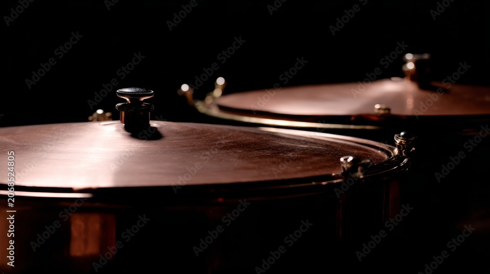 Obraz premium kettledrums. A pair of polished copper kettledrums with taut drumheads gleaming under focused stage lighting. product launch decks. 