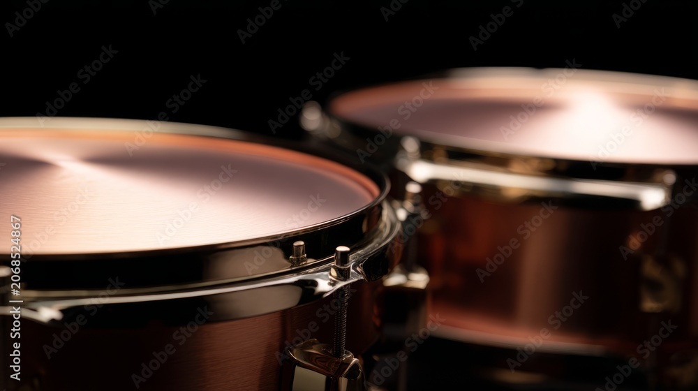 Obraz premium kettledrums. A pair of polished copper kettledrums with taut drumheads gleaming under focused stage lighting. product launch decks.
