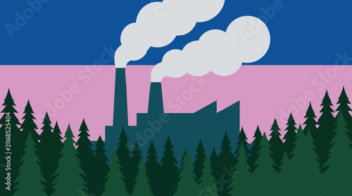 Slika na platnu Stylized factory emitting smoke amidst a pine forest under a vibrant sky