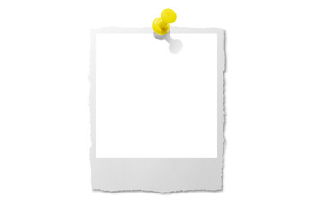 Photo card attached with a push pin isolated on a transparent background.
