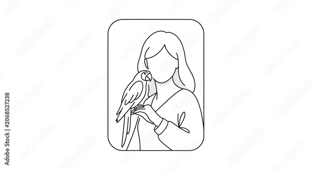 Fototapeta premium Woman holding a parrot, line art illustration, pet bird, friendship, simple design