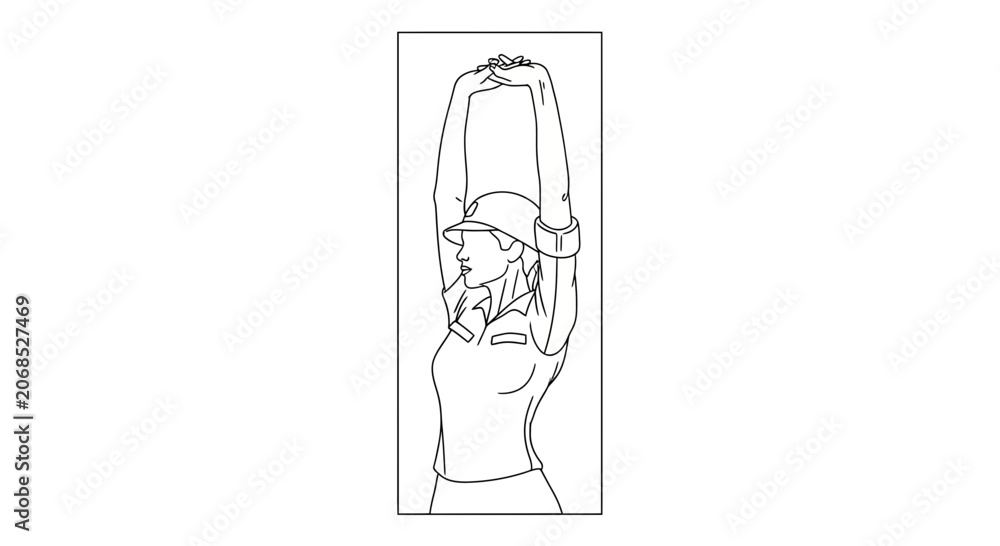 Obraz premium Woman in uniform stretching arms overhead, side profile, athletic pose