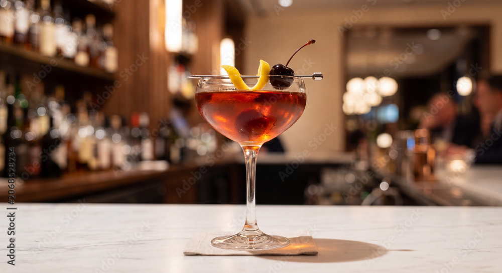 Naklejka premium Vibrant Red Cocktail with Cherry and Lemon Garnish on Bar Counter