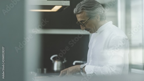 A sophisticated middle-aged father in a crisp white shirt, sleeves rolled up ...
