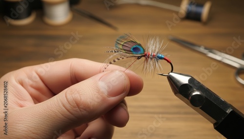 Fly tying artificial fishing lure on vise clamp with precision craftsmanship and angling equipment