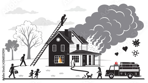 Firefighters respond to a house fire with smoke and flames emerging