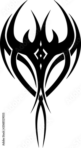 Symmetrical tribal mask tattoo design, black ink abstract sharp curves vector illustration, isolated on white background.