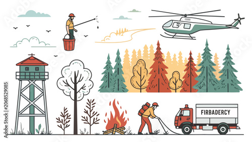 Vector illustration of firefighters battling forest fire with helicopter and truck