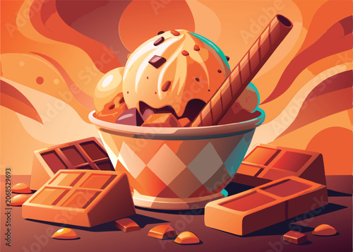 Delicious ice cream sundae with chocolate.