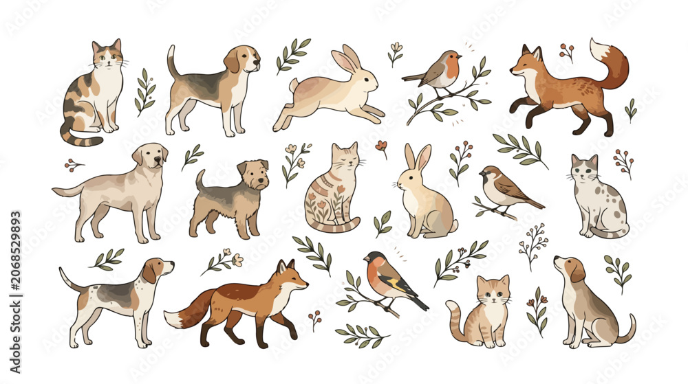 Fototapeta premium Watercolor animal illustrations set, hand drawn woodland and domestic pets vector, cute cat dog fox and rabbit collection for nursery decor