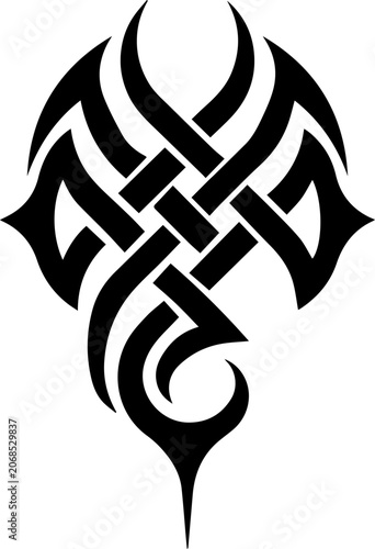 Symmetrical tribal scorpion tattoo design, black ink abstract intertwined celtic knot vector illustration, isolated on white background.